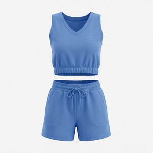 Conjunto Deportivo de 2 Piezas Azul para Mujer, Top Corto sin Mangas con Cuello en V y Pantalones Cortos por Encima de la Rodilla, Tejido Sólido Transpirable - Product Image 1