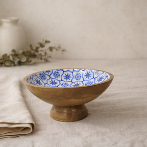 Vajilla de madera de mango con estampado de azulejos azules naturales, tazón con pedestal esmaltado para el hogar y la cocina, mesa ecológica con juegos de cubiertos. - Product Image 6