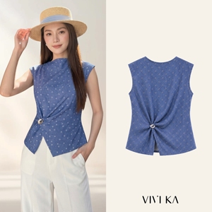 Women's <b>Linen</b> Cap Sleeves Wrap Blouse Dot Print Cotton Bamboo Fiber Breathable Spring Summer Minimalist <b>Top</b> MORGAN - Product Image 1