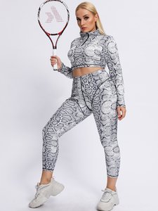 Conjunto Deportivo de 2 Piezas con Estampado de Serpiente para Mujer, Top Corto de Cuello Alto de Manga Larga, Leggings hasta el Tobillo, Tejido de Punto, Spandex, Poliéster, Transpirable - Product Image 2