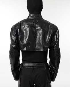 Men's <b>Black</b> PU Leather Moto Jacket Mandarin Collar Windproof Slim Fit Regular Length Solid Color Belt Closure - Product Image 5