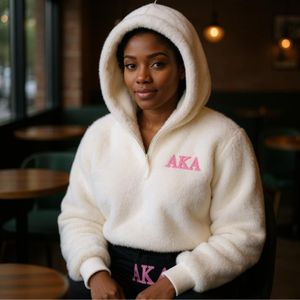 AKA Cozy Sherpa Fleece Pullover Hoodie pour femme, sweat à capuche doux et chaud en polaire, motif lettres grecques, blanc rose - Product Image 6