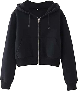 Women's Black <b>Cropped</b> Hoodie <b>Zip</b>-<b>Up</b> Sweatshirt Full Sleeve Solid Color Knitted Cotton Autumn Wear Casual Style - Product Image 1