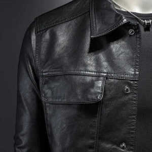 Chaqueta de Motociclista de Cuero PU Negro, Cuello Camisero, Cierre de Botones, Manga Larga, Color Sólido, Prenda Exterior Informal, Resistente al Viento, Corte Regular - Product Image 2