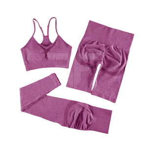 Ensemble de vêtements de sport respirants pour femmes A49, tenue de fitness sans couture, short de yoga à taille élastique, taille haute, 2 pièces, logo sur le devant - Product Image 1