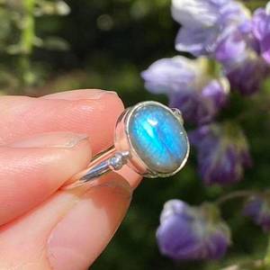 Natural Labradorite Crystal Ring 925 Sterling Silver Handmade Oval Cut Stackable Thin Band Hippie Jewelry <b>Gift</b> - Product Image 4