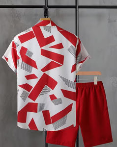 Men's Customized Solid Short Sleeve Shirt Red Shorts Set Casual Summer Wear Breathable Quick Dry Woven Polyester Front Logo - Product Image 2