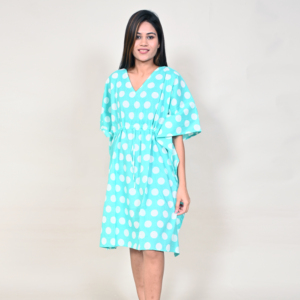 Turquoise Polka Dot V-Neck <b>Loose</b> Midi <b>Dress</b> Casual Summer Woven Cotton Breathable Short Sleeve <b>Dress</b> - Product Image 2