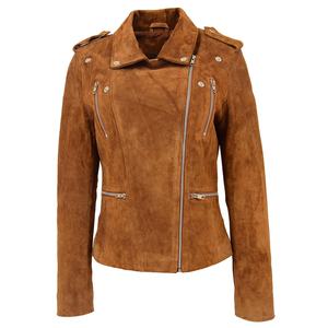 Chaqueta de motorista de cuero de ante marrón para mujer, estilo de motocicleta, con cremallera lateral - Product Image 2
