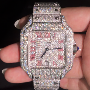 100% <b>Diamond</b> Tested Sparkling VVS Square Moissanite <b>Watch</b> Hip Hop Style Stainless Steel Pink Dial Mechanical <b>Watch</b>. - Product Image 5