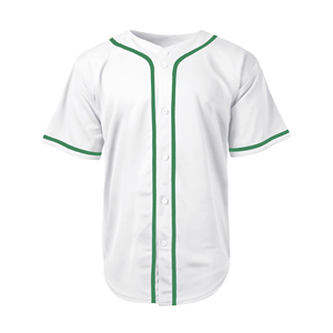 White Baseball Jersey With Green Trim Short Sleeve Button Front Men's Sports Uniform Breathable Polyester Adult Size - Product Image 1