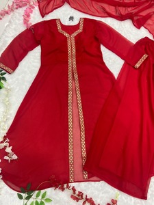 Red Cotton Lace Quick Dry <b>Kurta</b> Dupatta Set Women's Ethnic Wear Regular Length Traditional <b>Indian</b> Pakistani Suit for Karwa - Product Image 2