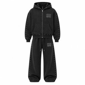 Conjunto de Sudadera con Capucha y Cremallera con Logotipo Personalizado, Lavado Ácido, y Pantalones de Chándal de Pierna Ancha, Estilo Vintage, con Remaches, Holgado, de 2 Piezas, 100% Algodón - Product Image 1