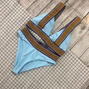 Women's Light Blue Bikini Set <b>Crossed</b> Halter <b>Top</b> High Waist Bottom Contrast Binding Spandex Polyester Stretch Swimwear - Product Image 1