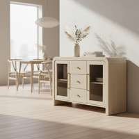 Buffet de salon, console avec trois tiroirs centraux et deux portes latérales vitrées, design moderne, meubles pour la maison