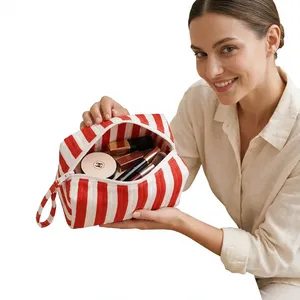 Wholesale 100% Cotton Quilted Bold Stripe Makeup <b>Bag</b> Zipper Cosmetic Pouch Custom Printed Travel Organizer Private Label - Product Image 4