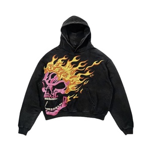 Sudadera con Capucha Gráfica Personalizada OEM para Hombre, Estilo Vintage Lavado, Estampado de Calavera Flameante, Top de Streetwear, Sudadera con Capucha Gráfica para Hombre - Product Image 1