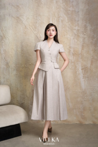 Women's Beige Solid Office Lady 2-Piece <b>Set</b> V-Neck Short Sleeve <b>Blazer</b> Top Pleated Midi Skirt All Seasons Outfit DYLAN - Product Image 2