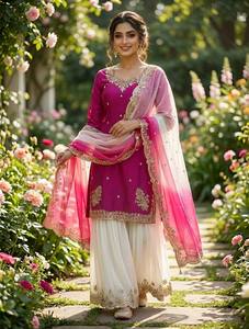 Conjunto Tradicional Indio-Pakistaní de Salwar Kameez para Mujer, Kurta de Crepé con Bordado Intenso, Palazzo y Dupatta, para Graduación, Bodas y Fiestas - Product Image 3