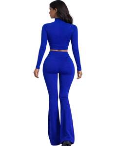 <b>Royal</b> <b>Blue</b> Women Two Piece Yoga Set Zip <b>Crop</b> <b>Top</b> And High Waist Flared Pants Stretch Fitness Gym Wear Custom Manufacturer OEMPro - Product Image 2