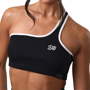 Camiseta Deportiva de Punto para Mujer, Color Negro Sólido, Cuello Halter, Logotipo Personalizado en la Parte Delantera, Ropa Deportiva Transpirable - Product Image 3