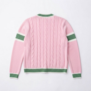 Cardigan en tricot respirant style preppy vintage pour femme, motif lettres, vert rose, en coton torsadé, style sororité, vêtements grecs, vente en gros - Product Image 4