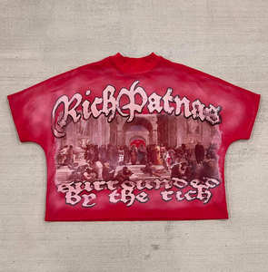 Camiseta Corta de Algodón con Estampado Gráfico Personalizado, Estilo Oversize, Lavado Ácido, con Parches y Costuras Decorativas - Product Image 2