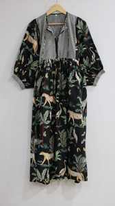 Robe trapèze en coton à imprimé floral écologique pour femme, longueur genou, manches bouffantes, coupe ajustée, style décontracté d'été, collection ethnique boutique - Product Image 2