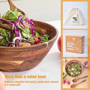 Saladiers en bois avec ustensiles de service, grands bols en bois d'acacia de 12,5 pouces pour mélanger les aliments, faits à la main, élégants, en bois naturel - Product Image 4