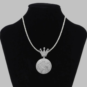 Globe World <b>Crown</b> Bail Iced Out Diamond Pendant Necklace Rhodium Plated Men's Party - Product Image 5