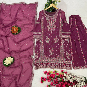 Precioso traje de seda Gorgette de imitación negro de 3 pies Plazzo/pantalón con Dupatta para damas Kurti a bajo precio para 2025 - Product Image 6