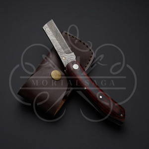 Cuchillo de bolsillo de acero de Damasco hecho a mano con mango de madera dura y funda de cuero, listo para la aventura, hoja plegable. - Product Image 4