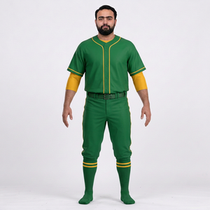 ชุดเบสบอลชาย สีเขียวเหลือง ชุดเสื้อเจอร์ซีย์และกางเกงขายาว แขนสั้น คอวี ระบายอากาศ ป้องกันแบคทีเรีย ซึมซับความชื้น - Product Image 1