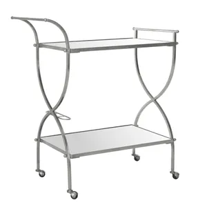 Silver Metal Rolling <b>Bar</b> <b>Cart</b> Two Tier Glass Shelf Serving Trolley with Wheels for Home Hotel Restaurant - Product Image 4