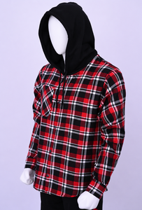 Wholesale Custom Men's Red Black Plaid Hooded <b>Flannel</b> Shirt <b>Jacket</b> Snap Button Casual Streetwear Shacket - Product Image 4