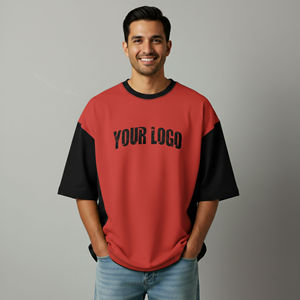 T-shirt oversize bicolore pour homme, logo personnalisé, manches contrastantes rouge et noir, streetwear, t-shirt épais à épaules tombantes - Product Image 5