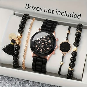 NW1340 5pcs Set <b>Black</b> Quartz <b>Watches</b> for Women Fashionable Silicone Strap Woman <b>Watch</b> Jewelry Set - Product Image 3