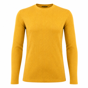 T-shirt de compression thermique pour homme, col rond, manches longues, en tissu gaufré couleur moutarde, séchage rapide, respirant, style streetwear et gym. - Product Image 2