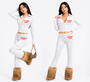 Wholesale Trendy Leopard Print Two Piece Set Women's Casual Long Sleeve Zip Jacket and High Waist Flared <b>Pants</b> Suit - Product Image 3