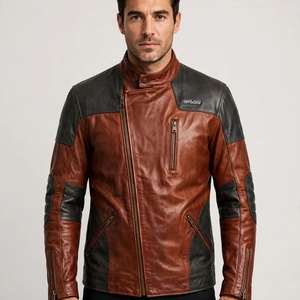 Blouson de moto en cuir personnalisé pour homme, color-block, fermeture éclair, col montant, style motard, pour l'automne - Product Image 1