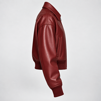 Blouson bomber court en cuir véritable bordeaux pour femme, style vintage, léger, avec fermeture éclair et poignets côtelés