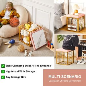 Pouf Contenitore in Rete di Ferro da 55L, Poggiapiedi in Ecopelle Dorata con Spazio Multiuso per Camera da Letto e Soggiorno - Product Image 6