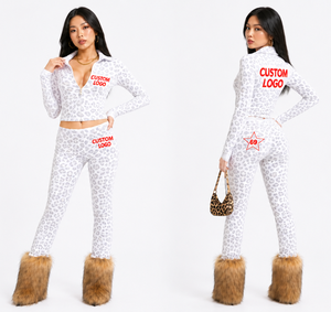 Wholesale Trendy Leopard Print Two Piece Set Women's Casual Long Sleeve Zip Jacket and High Waist Flared <b>Pants</b> Suit - Product Image 1