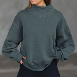 Sweat-shirt vert ardoise pour femme à col montant, épaules tombantes amples, manches longues et ourlet uni, vêtement décontracté - Product Image 4