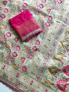 Sari en soie de Cachemire Pashmina Grace Royal, traditionnel, élégant, pour mariage, avec richement orné, et pièce de chemisier assortie, taille XL - Product Image 6
