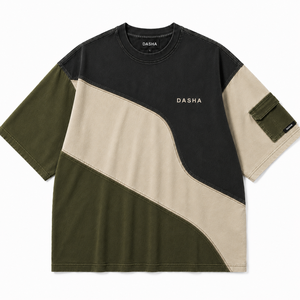 T-shirt streetwear surdimensionné personnalisé pour homme, en coton épais, coupe ample, color block, avec poche - Product Image 3