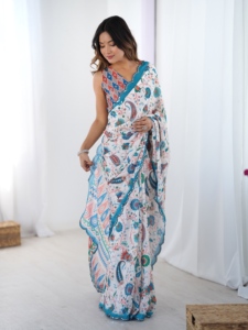 Sari tradicional de poliéster con estampado floral y trabajo de espejo para mujer, largo hasta el suelo, corte regular, para bodas, estilo India-Pakistán - Product Image 4