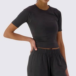 Women Padded Exercise Gym Crop <b>Top</b> T-Shirt Best Selling Summer Fit Yoga Shirt Solid Color <b>Sweat</b> Wicking Sports T-Shirt - Product Image 3