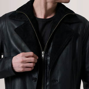 Manteau long en cuir noir de qualité supérieure pour homme, classique, pour l'hiver, en cuir véritable, col double, coupe-vent - Product Image 4