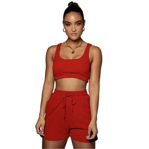 Orange Women Two Piece Shorts <b>Set</b> Sleeveless Crop Top Drawstring Above Knee Shorts Summer Casual Outfit 100% Cotton Anti-Wrinkle - Product Image 5